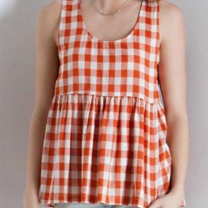 Anthropologie Entro Orange Linen Gingham Babydoll Flowing Tank Top Blouse